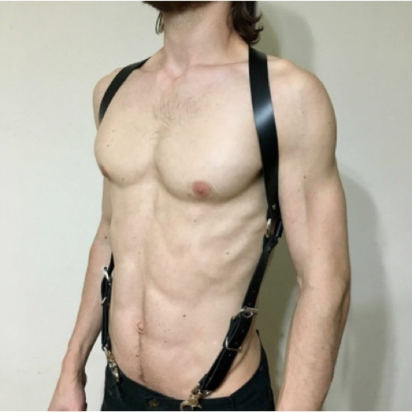 Men's Cross Back Buff Body Vegan Leather Chest Harness Black Hot New Accessory - Picture 2 of 5